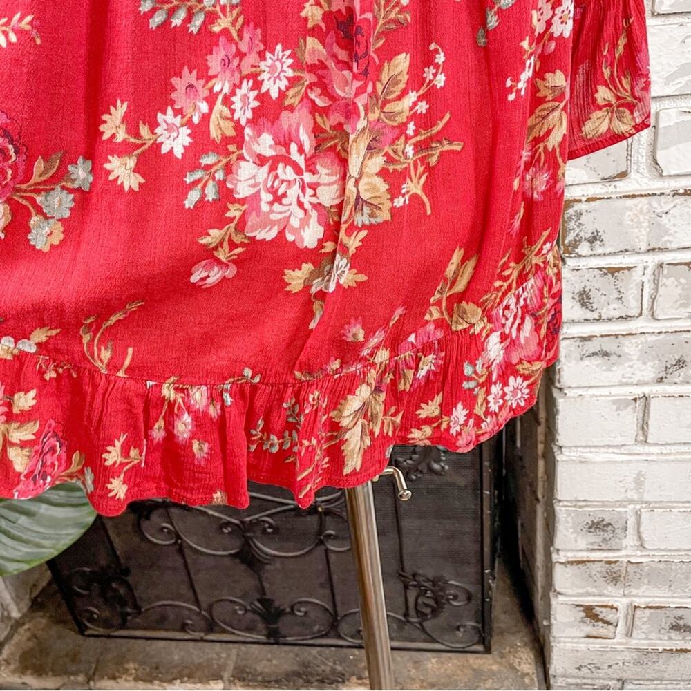 Vintage Denim & Supply Ralph Lauren Red Cotton Floral Flowy 3/4 Sleeve Top L - Picture 9 of 10